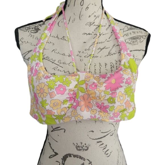 Ladies Size XL Pink Green Yellow Groovy Flowers Bikini Top - Picture 1 of 5